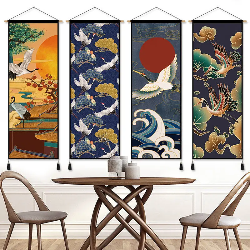 Japanese Living Tea Room Tapestry Background Cloth White Crane Attracting Wealth Entrance Entrance Art Wall Decoration Painting