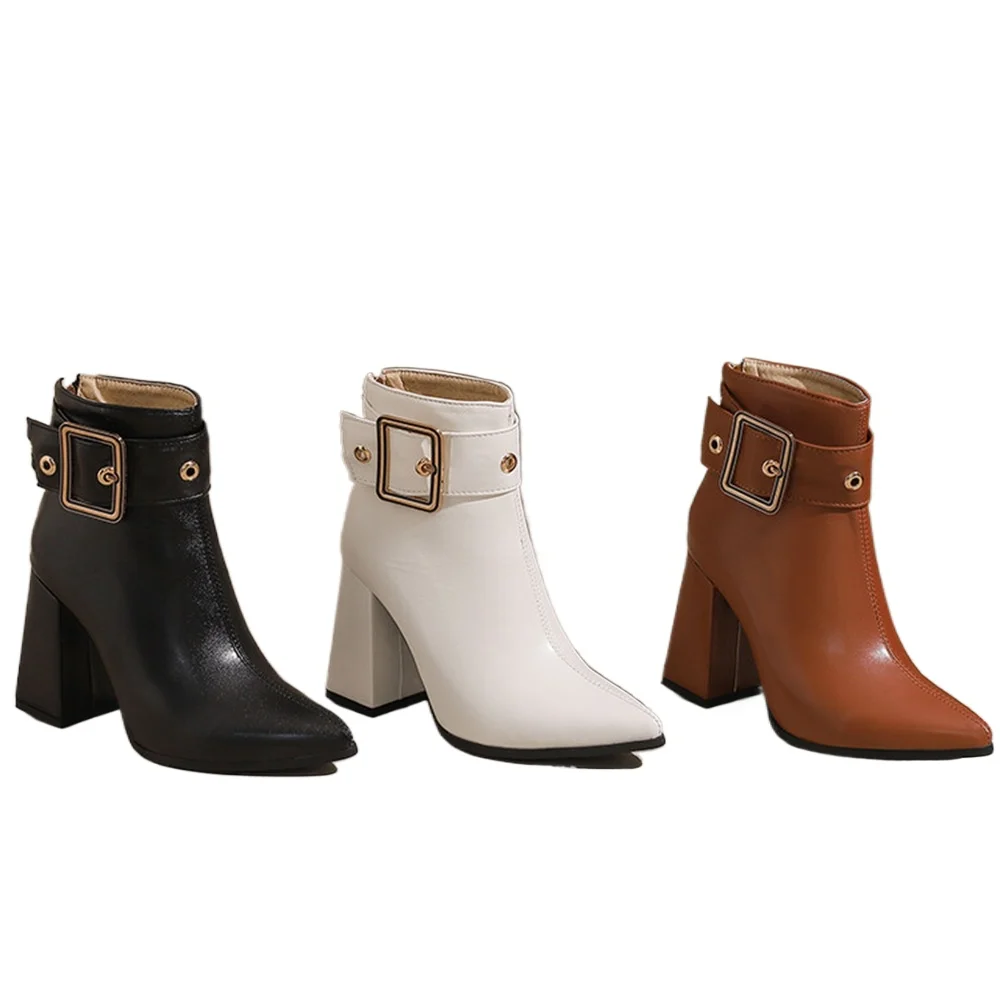 

Модные женские ботильоны с острым носком на массивном каблуке, с металлической пряжкой и молнией сзади, большие размеры 33-50, зимние, 3 цвета, T635