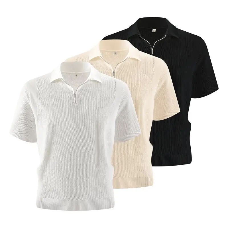 

Мужской летний трикотажный свитер из ледяного шелка с коротким рукавом, универсальный, с молнией до середины, повседневный, модный, премиум-класса, базовый стиль, трикотажная одежда