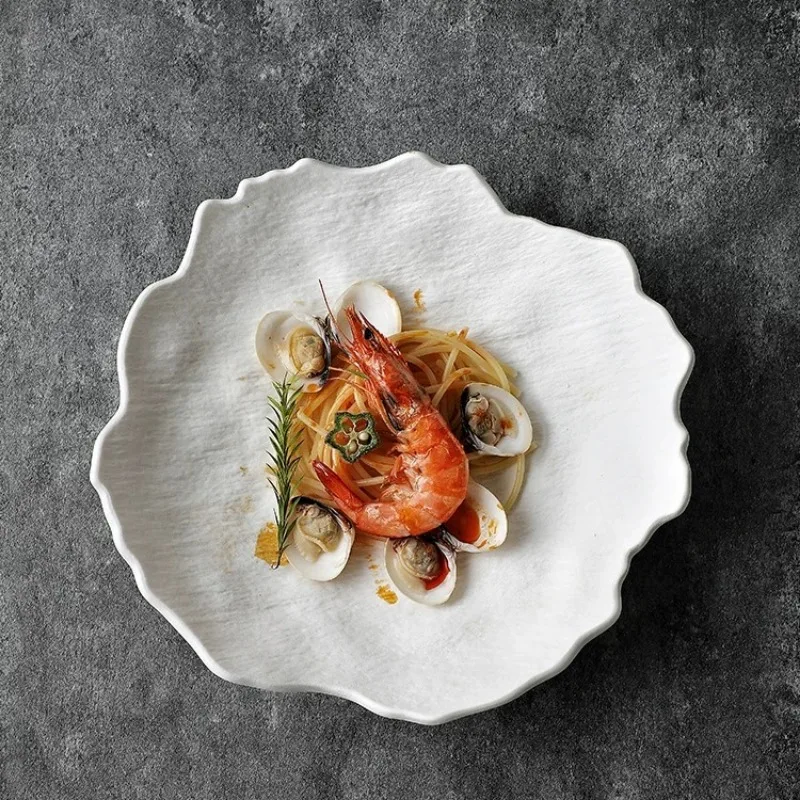Creative Irregular White Porcelain Steak Plate Delicate 9/11 Inch Plate Exquisite Uniquely Shaped Dinner Plate Hotel Tableware