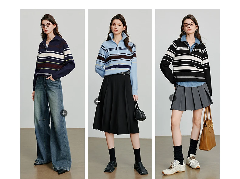 TOYOUTH Women Knitted Sweater 2026 Autumn New Fashionable Style Striped Zipper High Collar Woolen Pullover Sweater Tops