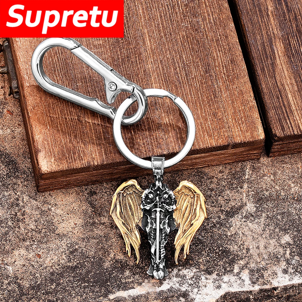 Norse Mythology Archangel Wings Keychain Gold Color Knight Guardian Angel Leather Keyring Men Antique Steel Amulet Jewelry Gifts