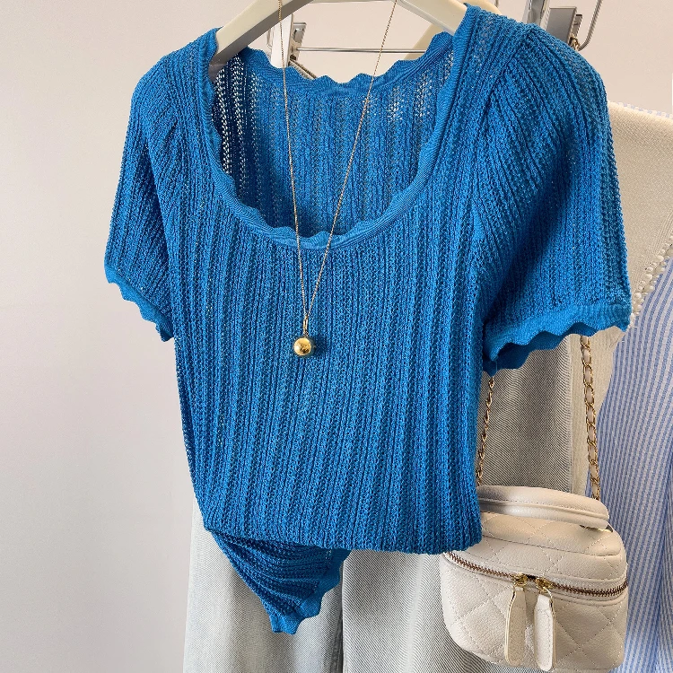 Fashion Short Sleeve Hollow Out Knitted Sweater Women Pullovers O-Neck Knitwears Knit Sweater Pullover Women Tops Sweaters Q2773