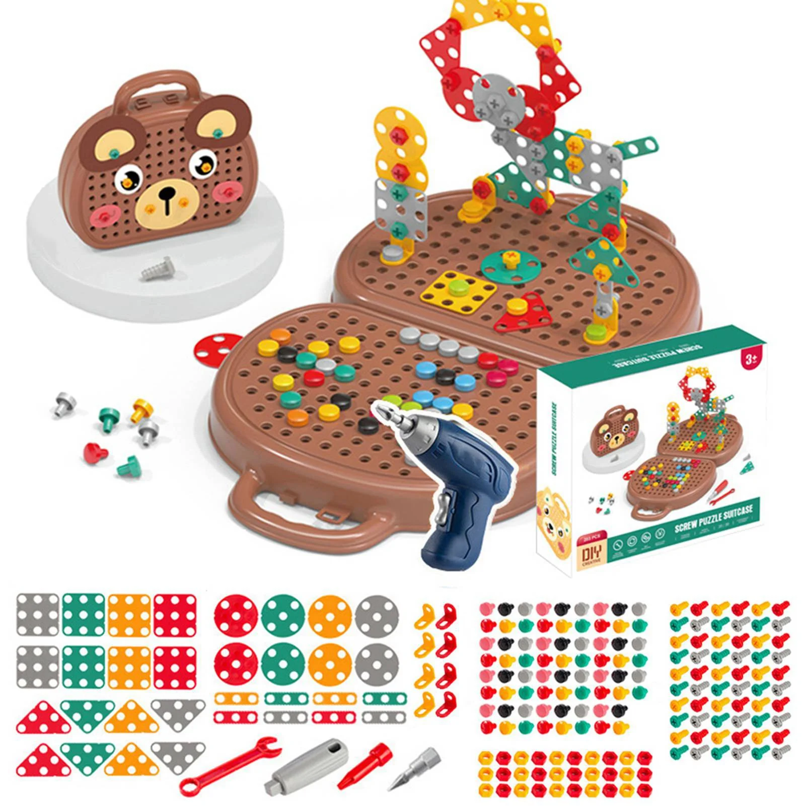 

204 шт. ящик для творческих игр, ящик для инструментов для ремонта детей с наборами винтов для электрической дрели, игрушка-головоломка для детей от 3 до 12 лет