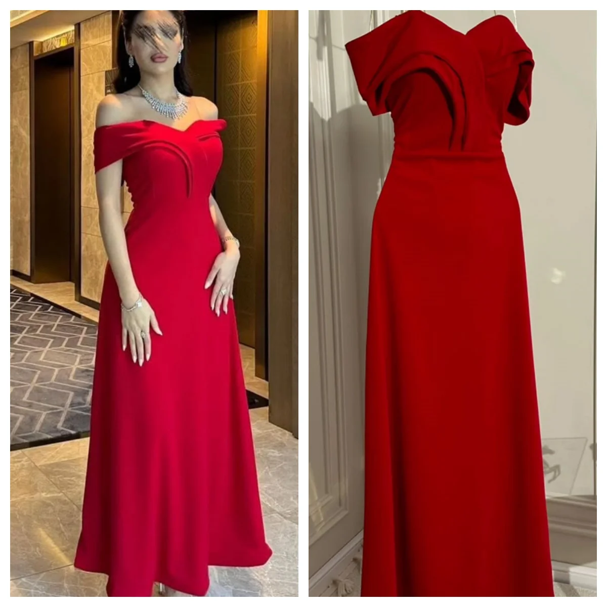 Customized Evening Dress Classic Red Jersey Strapless Off the Shoulder Sleeveless Prom Gowns Straight Ankle Length Party Dresses