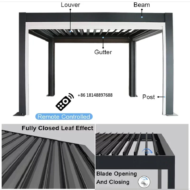 Electric louver roof Garden Shade Awning with roller blinds and LED strip lights Outdoor garden pergola