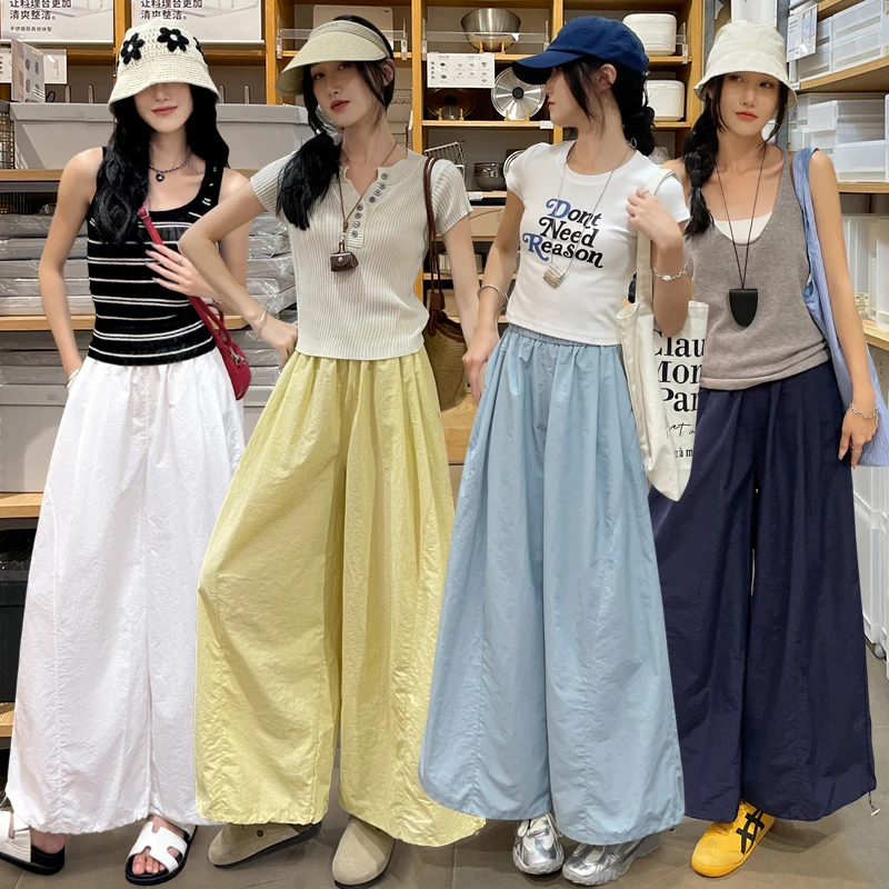 

Elastic Waist Casual Pants Yellow Bloomers Women's Summer Droop Loose Trousers Sports Pants Trendy Clothing New Woman Harajuku