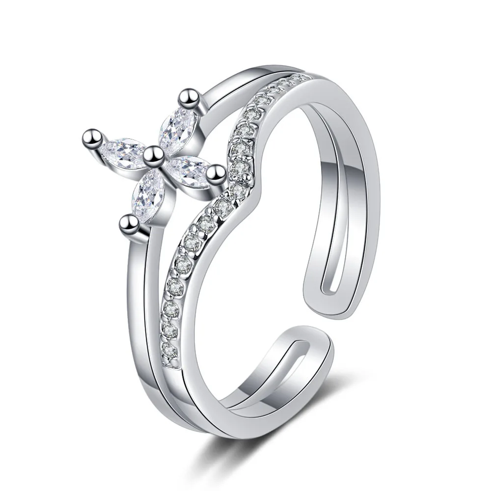 

925 Sterling Silver Flower White Zircon Ring for Women Size Adjustable Exquisite Design Fashion Jewelry, Available in Gold