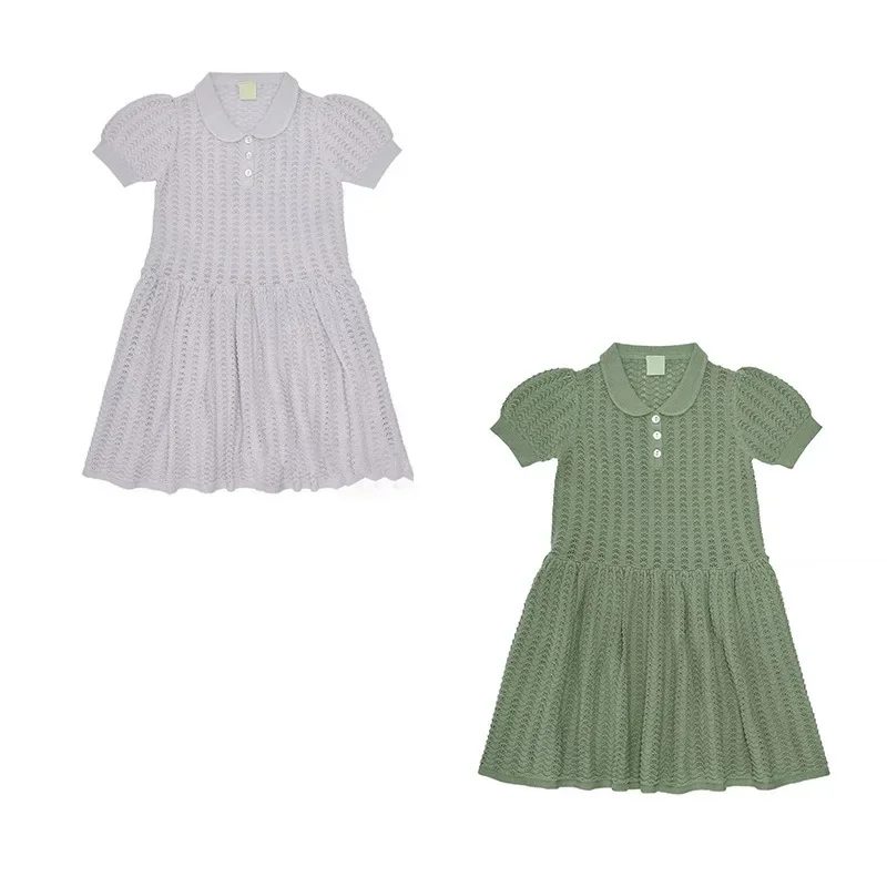 

FUB Spring/Summer New Children's Dress Hollow out Thin Combed Cotton Knitted Short sleeved Dress Purple Green