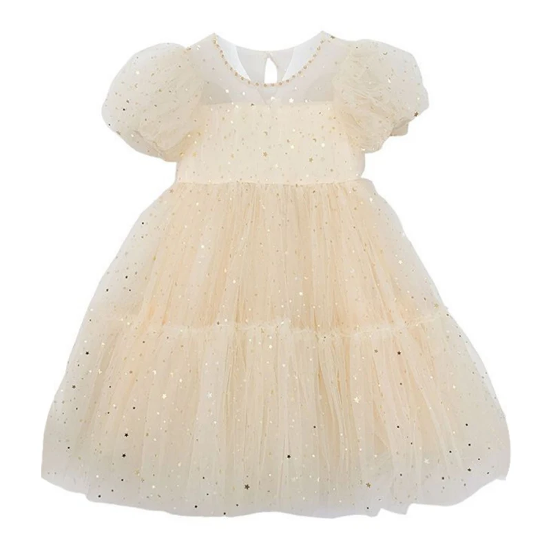 Girl Princess Dress Round Collar Short Sleeves Baby Party Dress with Pearl Mesh  for Children