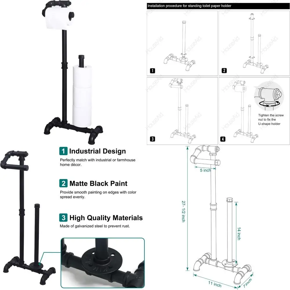 Soporte de papel higiénico de tubo Industrial independiente para baño, soporte de rollo de papel higiénico de hierro rústico con reserva, estilo Vintage