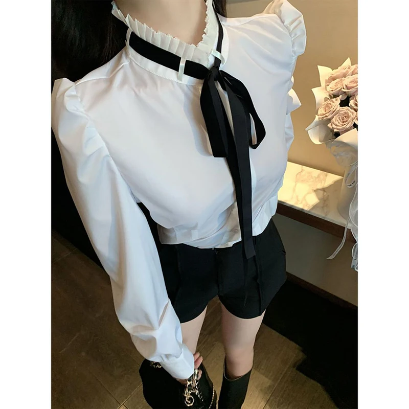 White Shirts Women Jk Preppy Tie Puff Long Sleeve Blouses Student Lolita Office Lady Korean Ruffles Slim All Match Crop Tops New