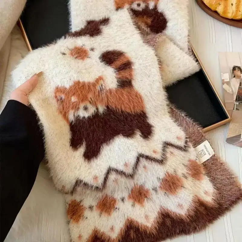 

Вязаный шарф Fair Isle с кошачьим принтом, двусторонний плюшевый теплый шарф для женщин, уютная зимняя грелка для шеи