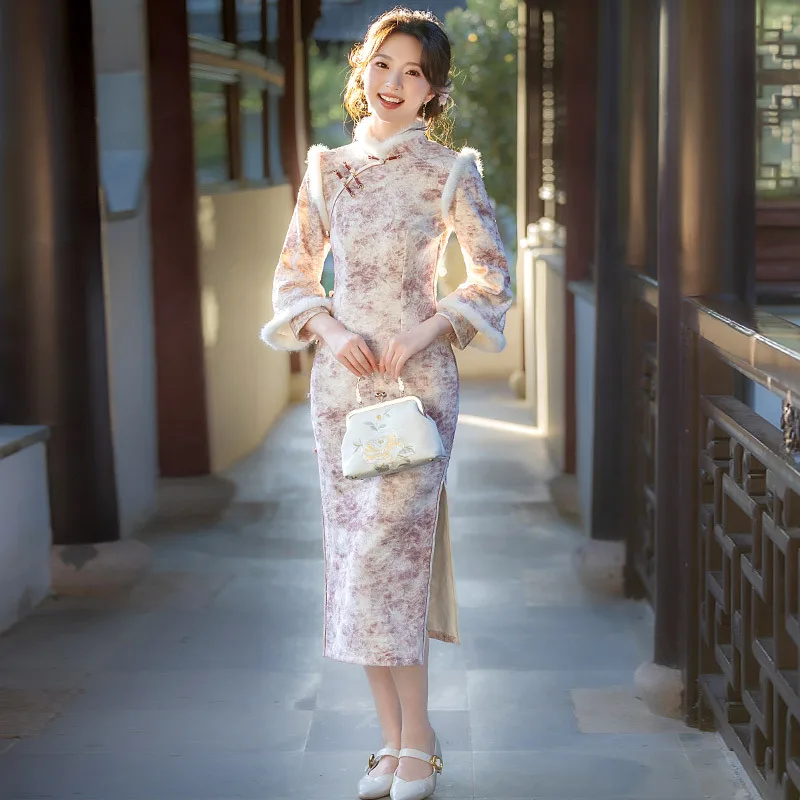 

Yourqipao зимнее розовое утолщенное длинное платье Cheongsam элегантное ретро Ципао в традиционном китайском стиле вечернее платье Hanfu для женщин