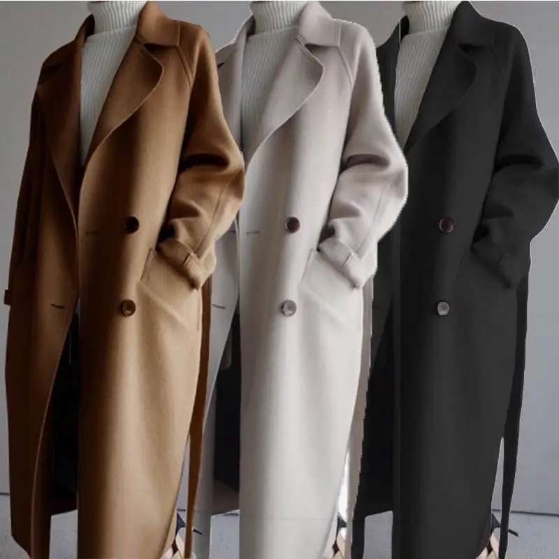 Damen Wollmantel 2026 Herbst Frühling Neuer Langer Modischer Locker Sitzender Knielanger Tailliertes Tweed-Mantel Damenbekleidung