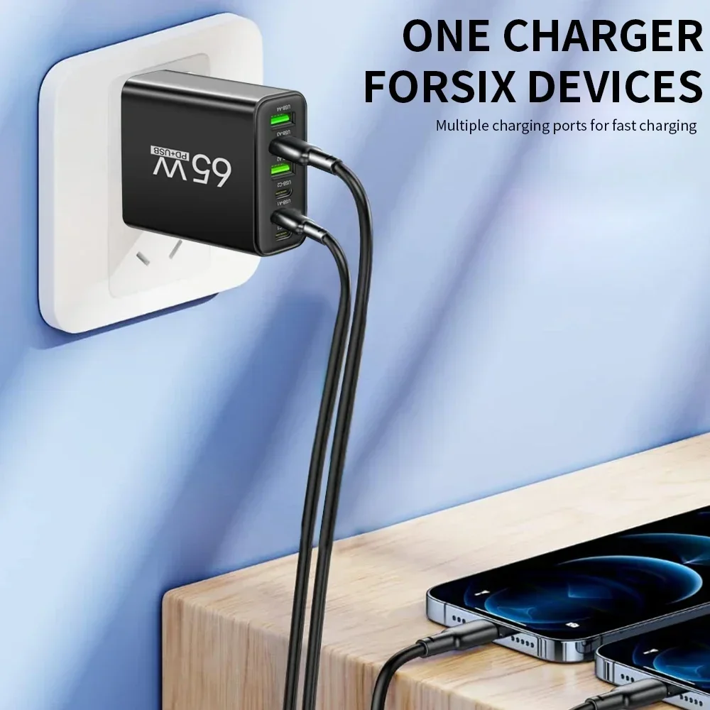 65W 6 in 1 USB Charger Multi Ports Type C Fast Charging Phone Adapter For iPhone Samsung Xiaomi Huawei EU/US Plug Wall Charger