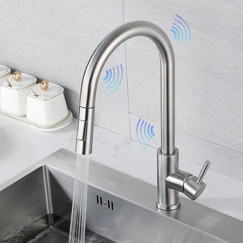 Smart Touch Kitchen Faucets Handle Pull Single Hole Deck Mounted Cold and Hot Mixer Sink Tap 360 Degree Rotation