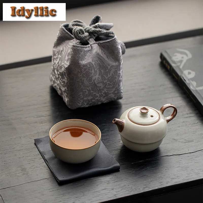 Ru Kiln Rice Yellow Travel Tea Set Kit Boutique 1 Pot 1 Cups Household Tea Maker Organizer Portable Picnic Handbag Supplies Gift - Image 4