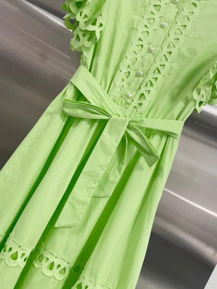 DFDG Women's Spring Summer Lime Green Cutout Embroidery Dress Short Sleeve Belted Maxi Casual Wear 2026 Trendy Feminine Dress