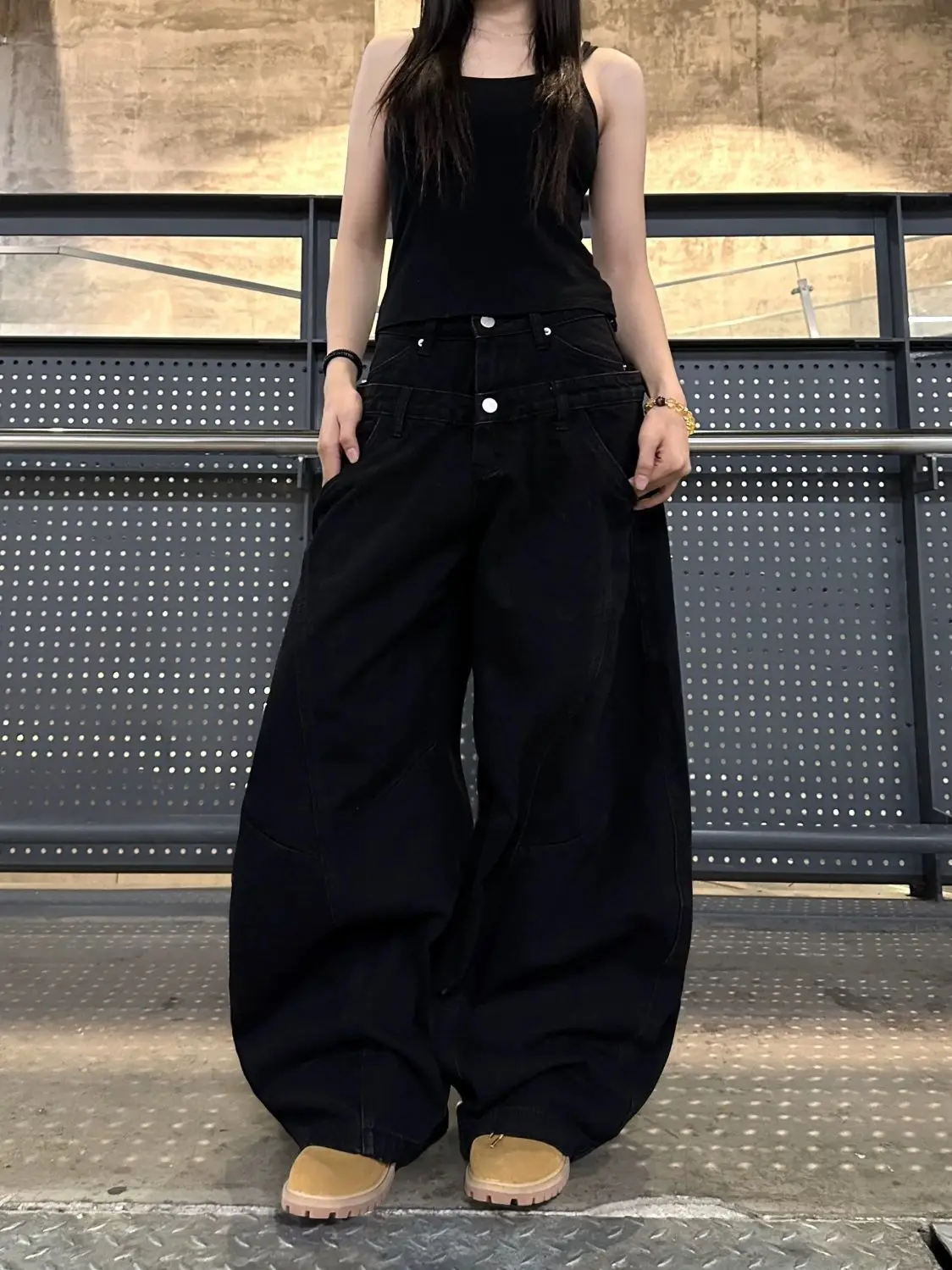 Women's Doodle Letter Double Waistband Splicing Jeans Girl Wide Leg Pants Unisex Sweatpants Female High Waisted Baggy Trousers