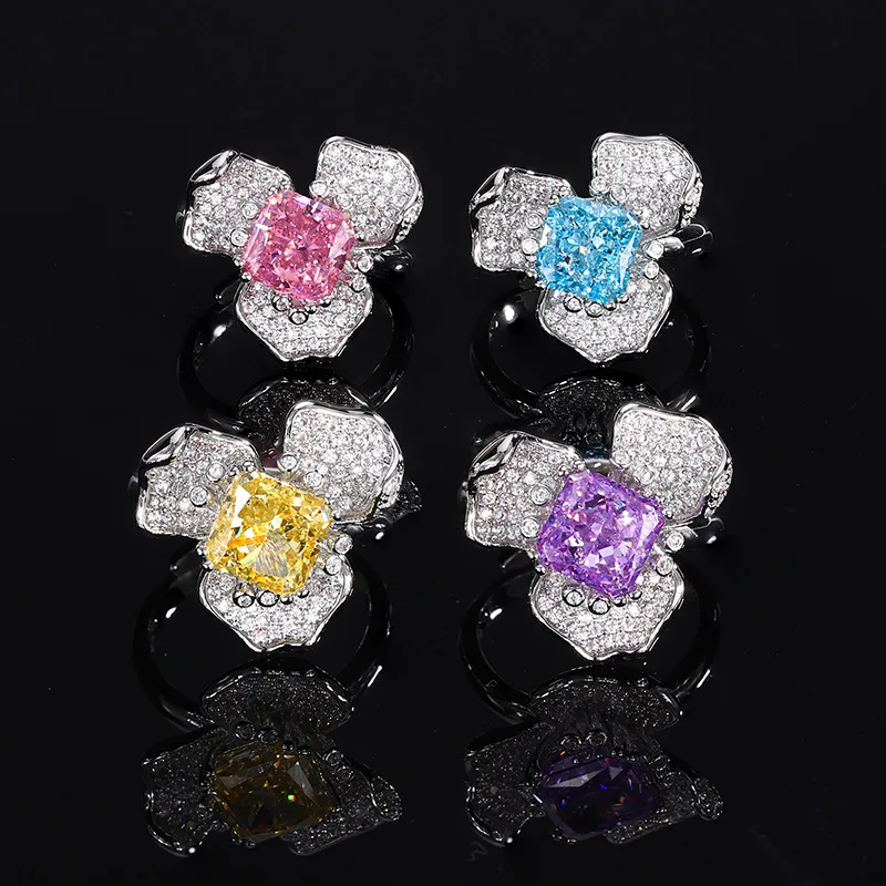 

Delicate Flower Design Pink Yellow Purple Blue Aquamarine Ice Cut High Carbon Diamond Micro Pave CZ Adjustable Ring