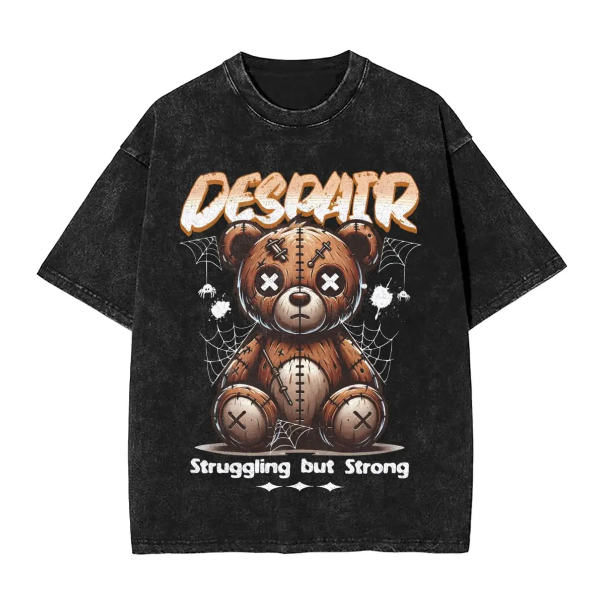 Harajuku 100% Baumwolle Oversize T-Shirt, Herren Kurzarm-Shirts, Bear Despair Sommer Loose Washed Tops T-Shirt