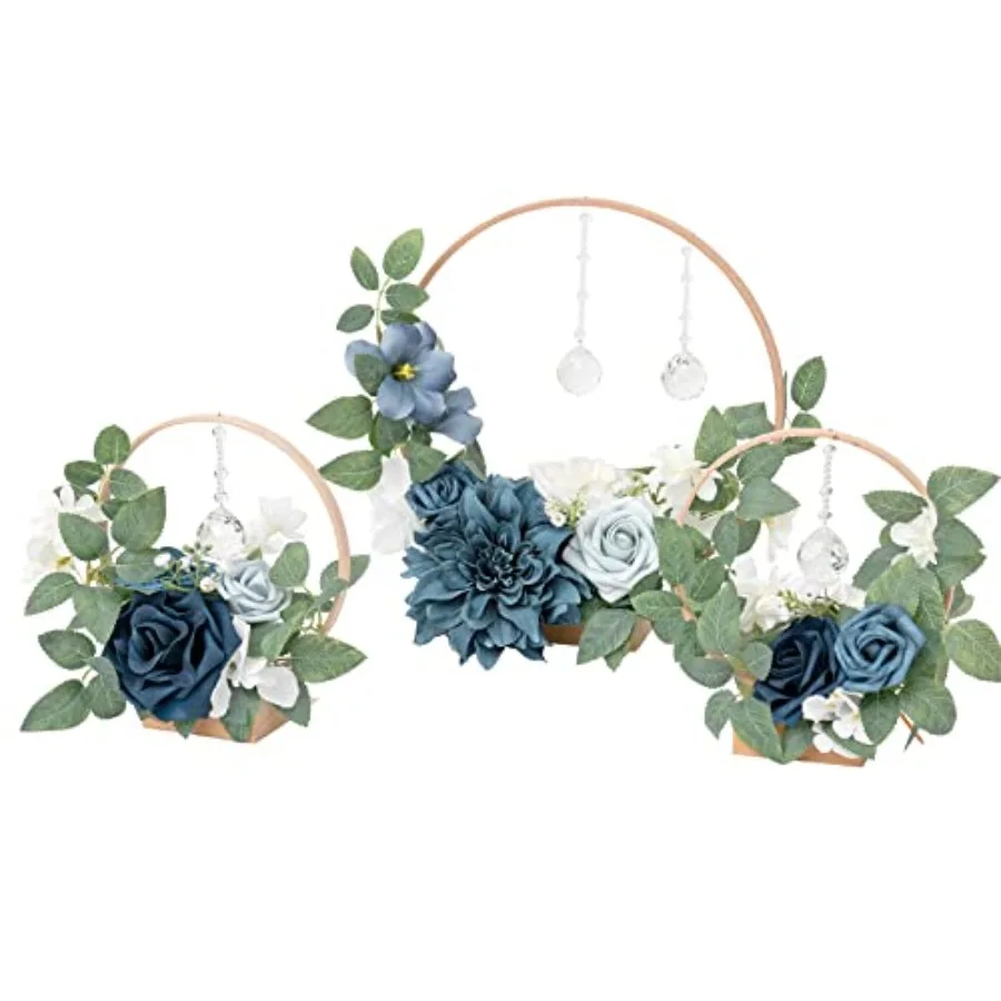 Crystal Wooden Hoop Wreath for Sweetheart Table, Head Table, Ceremony Reception Dusty Blue Navy Artificial Floral Centerpiece,