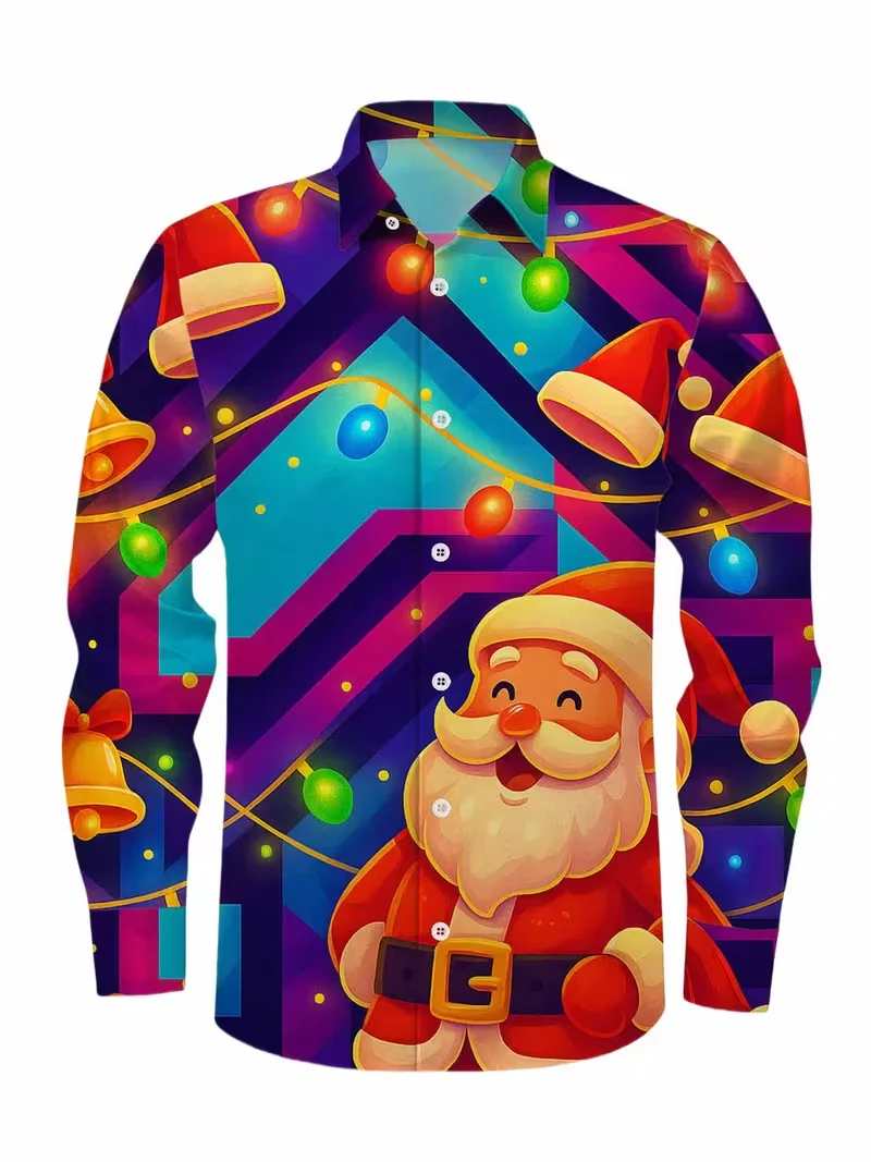 Christmas Men's 3D Snowflake Printed Red Shirt with Santa Claus Pattern Long Sleeve Shirt Fashion Men's Shirt