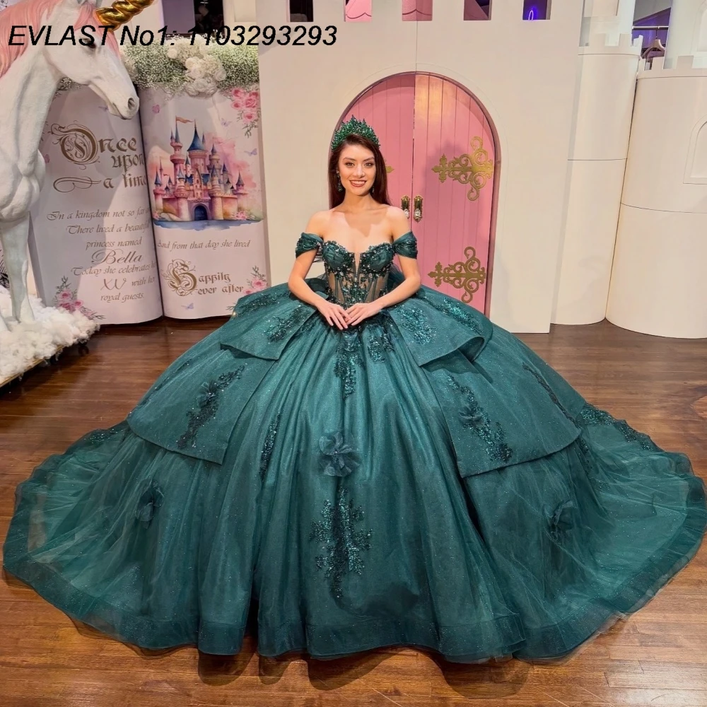 Индивидуальное зеленое платье EVLAST для Quinceanera с блестками, бальное платье с блестящими цветочными кружевными аппликациями и бисером, для Sweet 16, Vestidos De 15 Anos AQ19