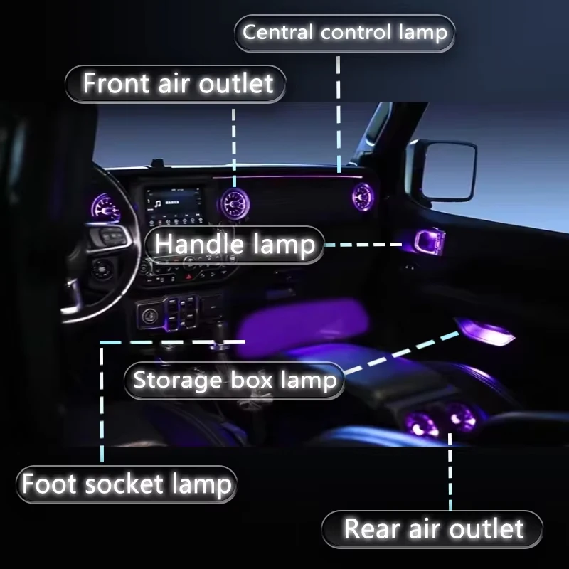 Luz ambiental Interior LED 20 en 1 con salidas de aire para Jeep Wrangler JL 2018-2023 lámpara de ambiente de iluminación de decoración de 64 colores