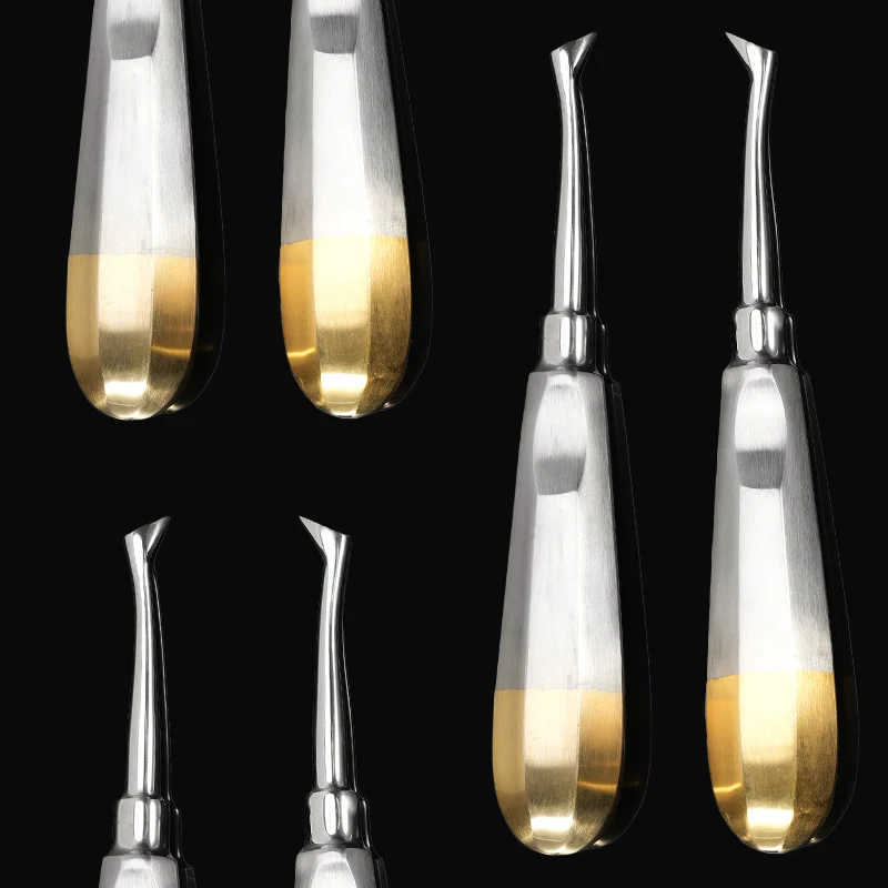 

2 шт., стоматологический треугольный наконечник, корневой лифт, золотая ручка, обратные сломанные корни, аппический кринер, лифты, инвазивный инструмент для извлечения зубов