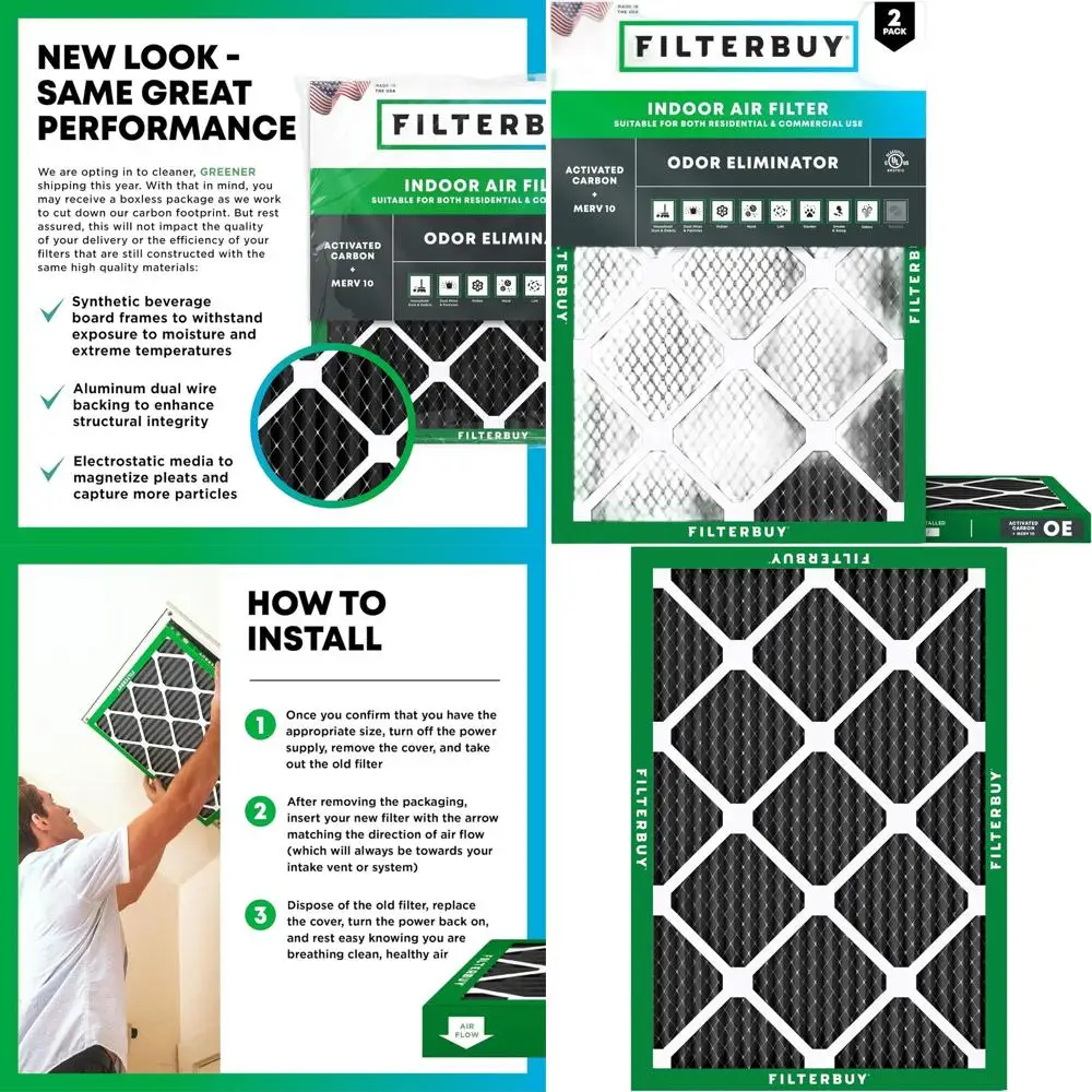 

2-Pack MERV 10 Air Filters with Activated Carbon for Odor and Allergy Relief, HVAC AC Furnace Replacement (Actual Size: 15.5 x 1