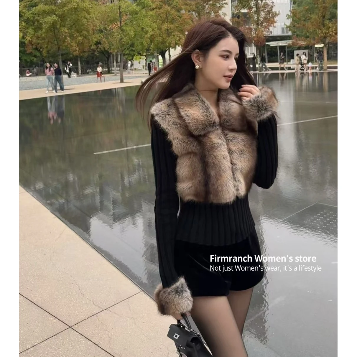 Firmranch Faux Fur Slim Knit Wear Cardigan Jackets For Women 2024 Autumn Winter Patchwork Chic Sweater Coat With Fur Collar