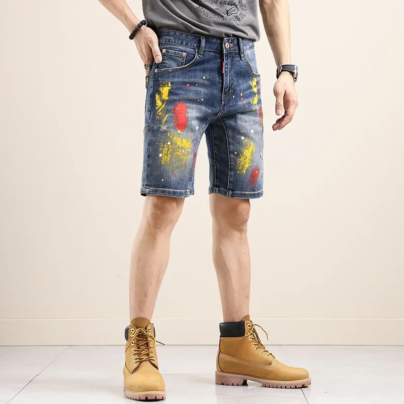 New Summer Man Fashion Denim Shorts High Street Style Men Splatted Paint Shorts Jeans High Quality Male Holes Jeans Shorts 38