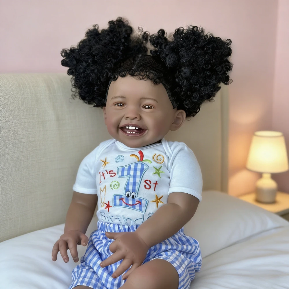 BZDOLL Handmade 24inch Black Smiling Simulation Doll, 60cm Reborn Doll Cloth Body Implanted Hair with Bottle & Pacifier