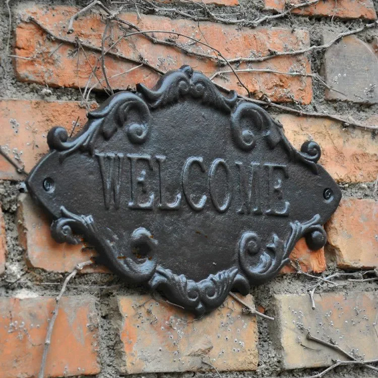 Welcome Decorative Plaques, Creative Retro Shop Signs, Cast Iron, Country Cottage, House, Garden Wall, Outdoor Hanging Decor