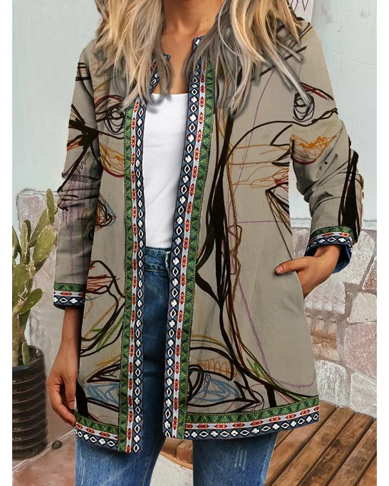 M-3XL Size Autumn Winter New Retro Ethnic Style Printed Long sleeved Coat Jacket Cardigan Women\'s Wear jackets for women