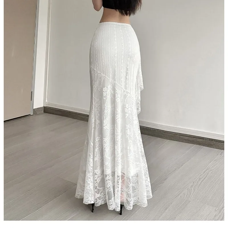 Gonna lunga da donna con gonna lunga elegante che copre i fianchi in pizzo elastico a vita alta tinta unita