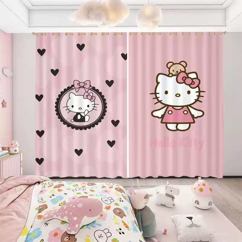 Hello Kitty Curtain Blackout Cute Cartoon Children's Room Girl Bedroom Princess Style Grommet Curtains 2pcs Bedroom Decoration