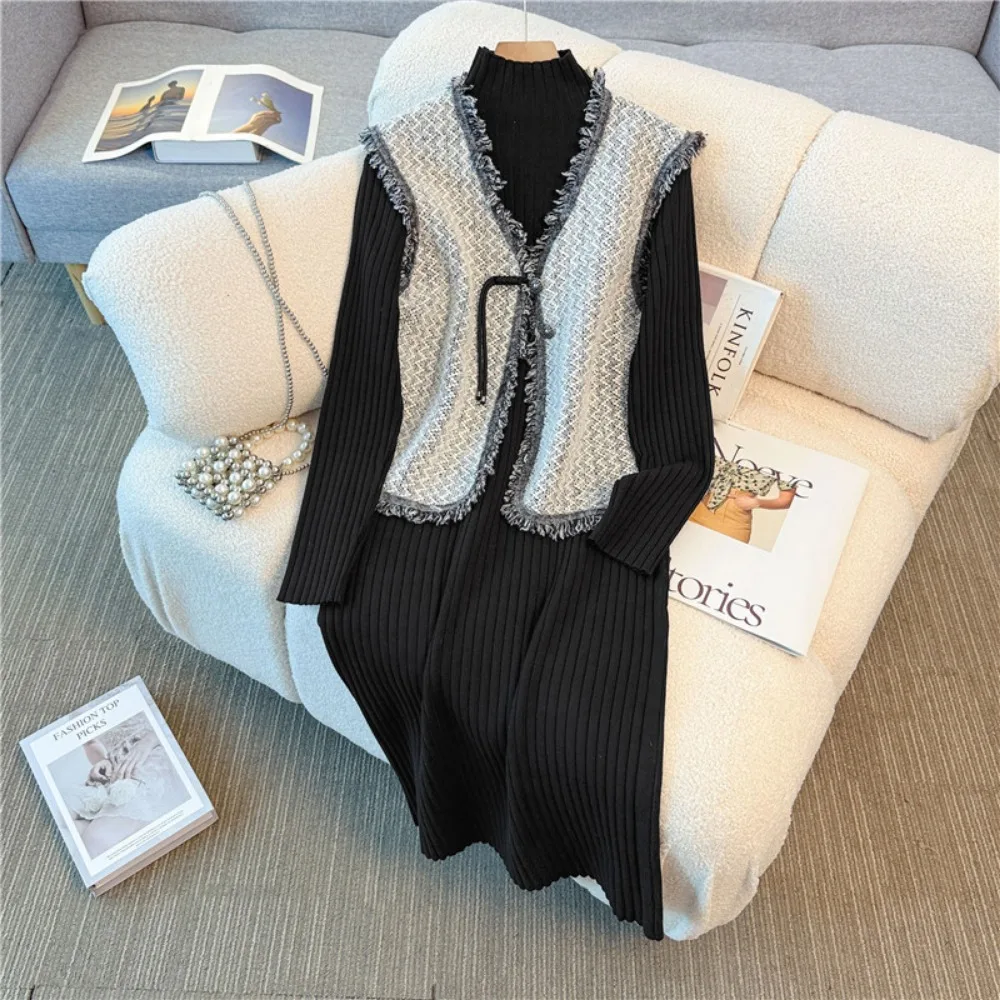 

Элегантная вязаная винтажная водолазка с длинными рукавами, осенне-зимняя вечерняя уличная одежда больших размеров, комплект из двух предметов