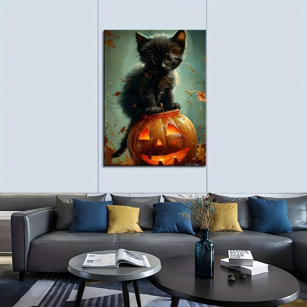 

1.5 "solid wood picture frame, Halloween black cat and pumpkin, wall decoration with hanging pictures