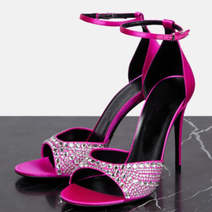 

Rose Red Satin Crystal Lady Sandals Fashion Thin Heel Rhinestone Woman Gladiator Sandals Sexy Pumps Large Size Party Dress Shoes