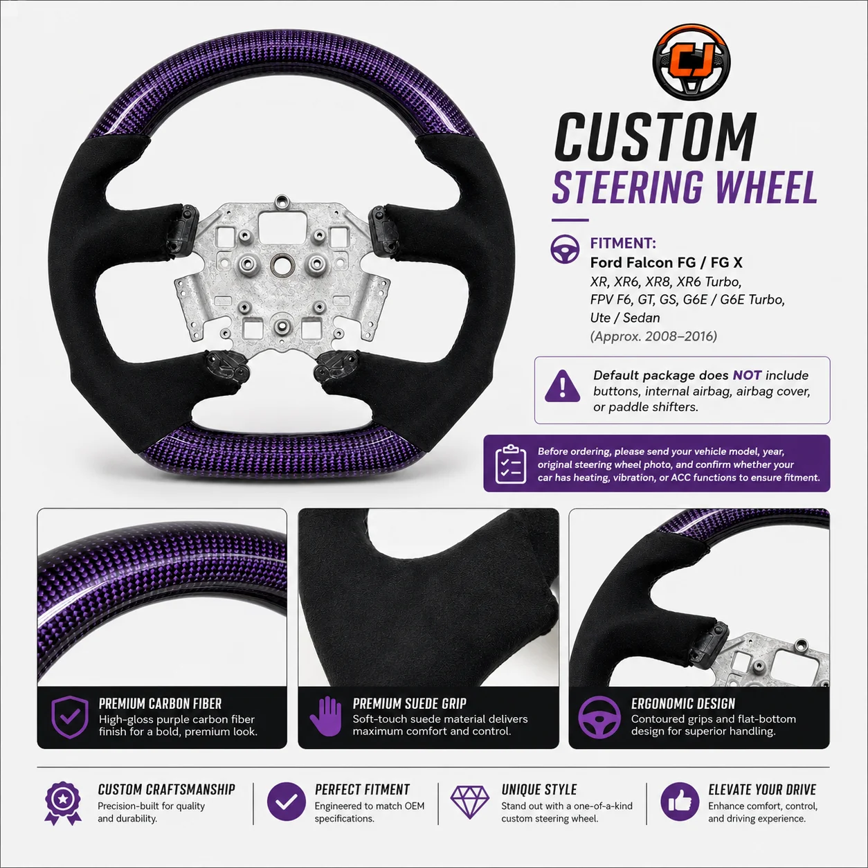 Purple Carbon Fiber Alcantara Steering Wheel For Ford Falcon FG XR XR6 XR8 2008-2014 Custom Performance