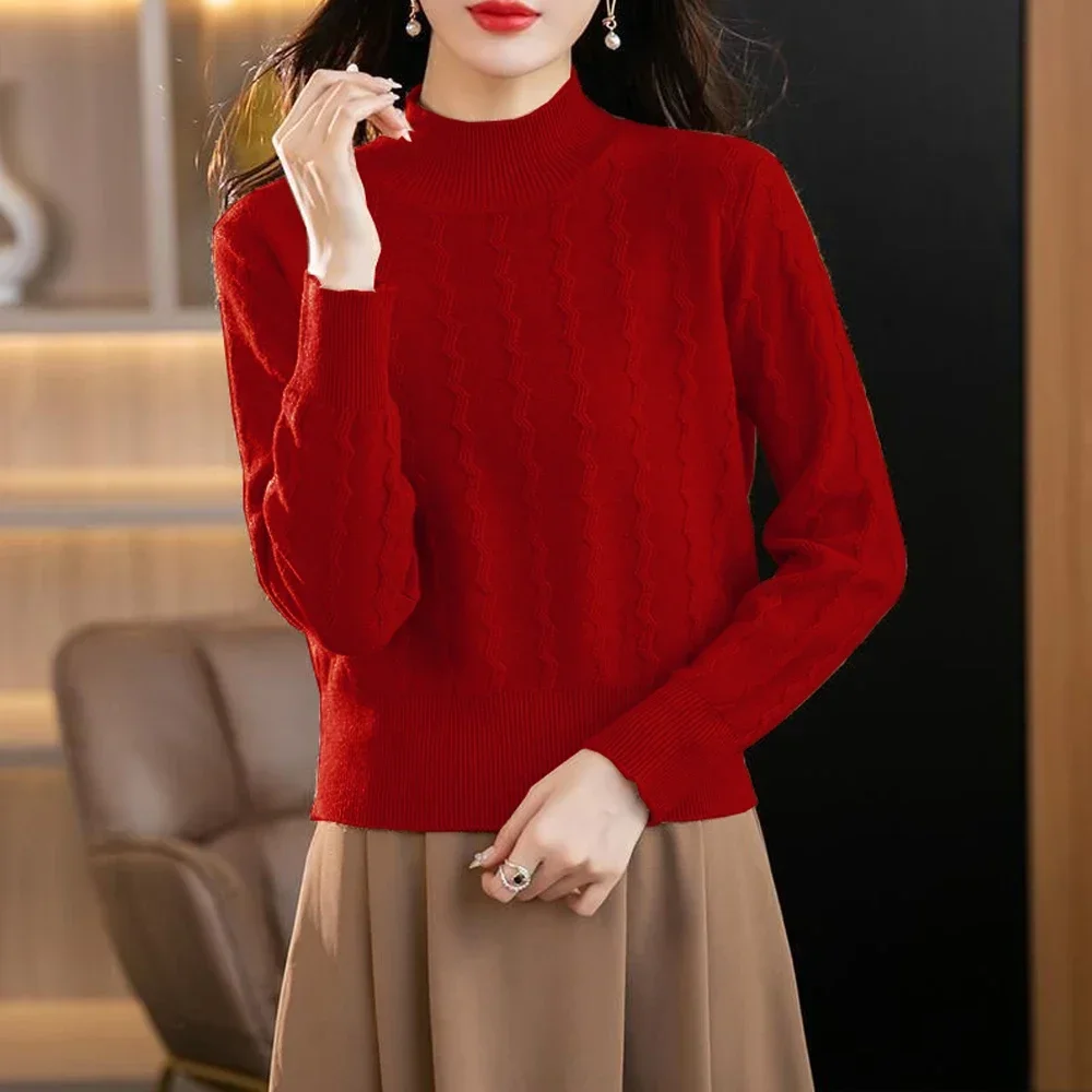 Women Winter Sweater Black Green Red Coffee Half High Collar Pullover Ladies Twist Flower Knitwear Shirt Casual Popular Clothes