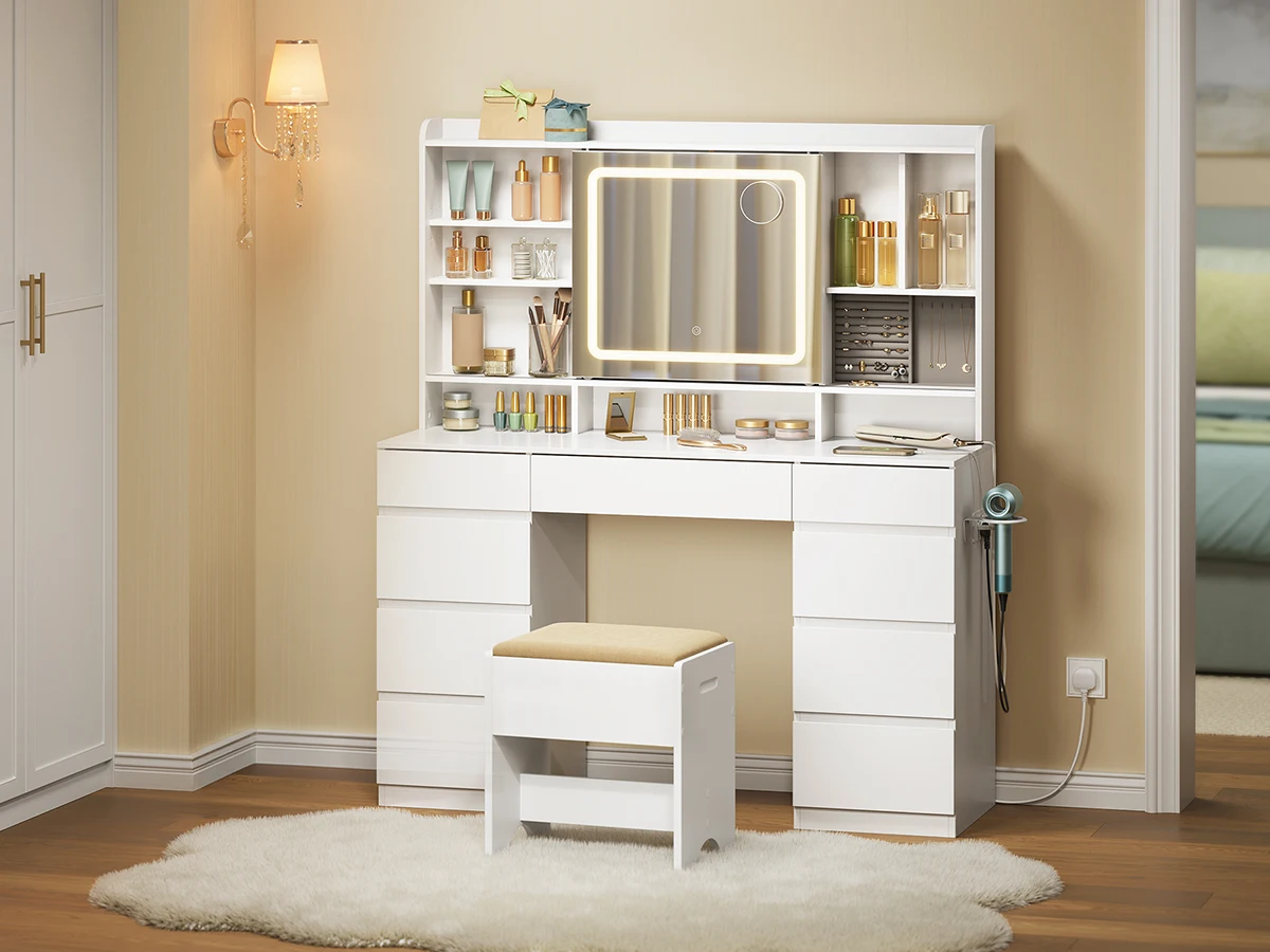 WOLTU Schminktisch für Mädchen mit verstellbarer LED-Beleuchtung, Schminktisch mit 9 Schubladen und Schiebespiegel für Schlafzimmer – Detail 23