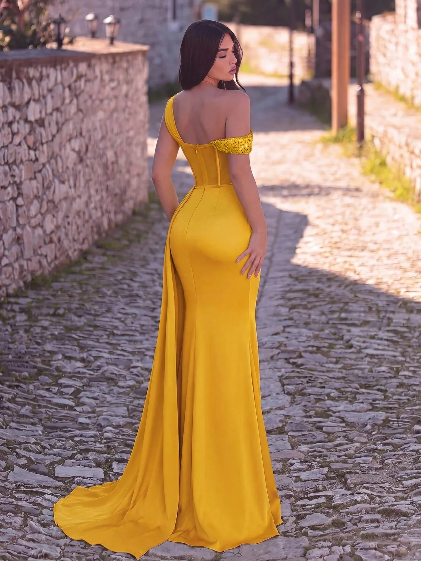 Off Shoulder Bright Yellow Sequin Beaded Corset Satin Mermaid Evening Gown High Slit Draped Maxi Party Dress For Women