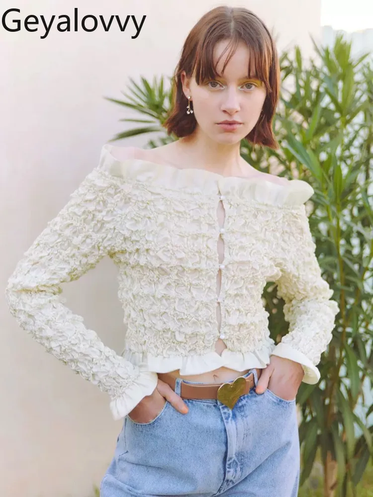 

Sweet Cute Girl Off-the-shoulder Blouse Pleated Long-sleeved Short Shirt Spring and Summer New Solid-color Versatile Tops