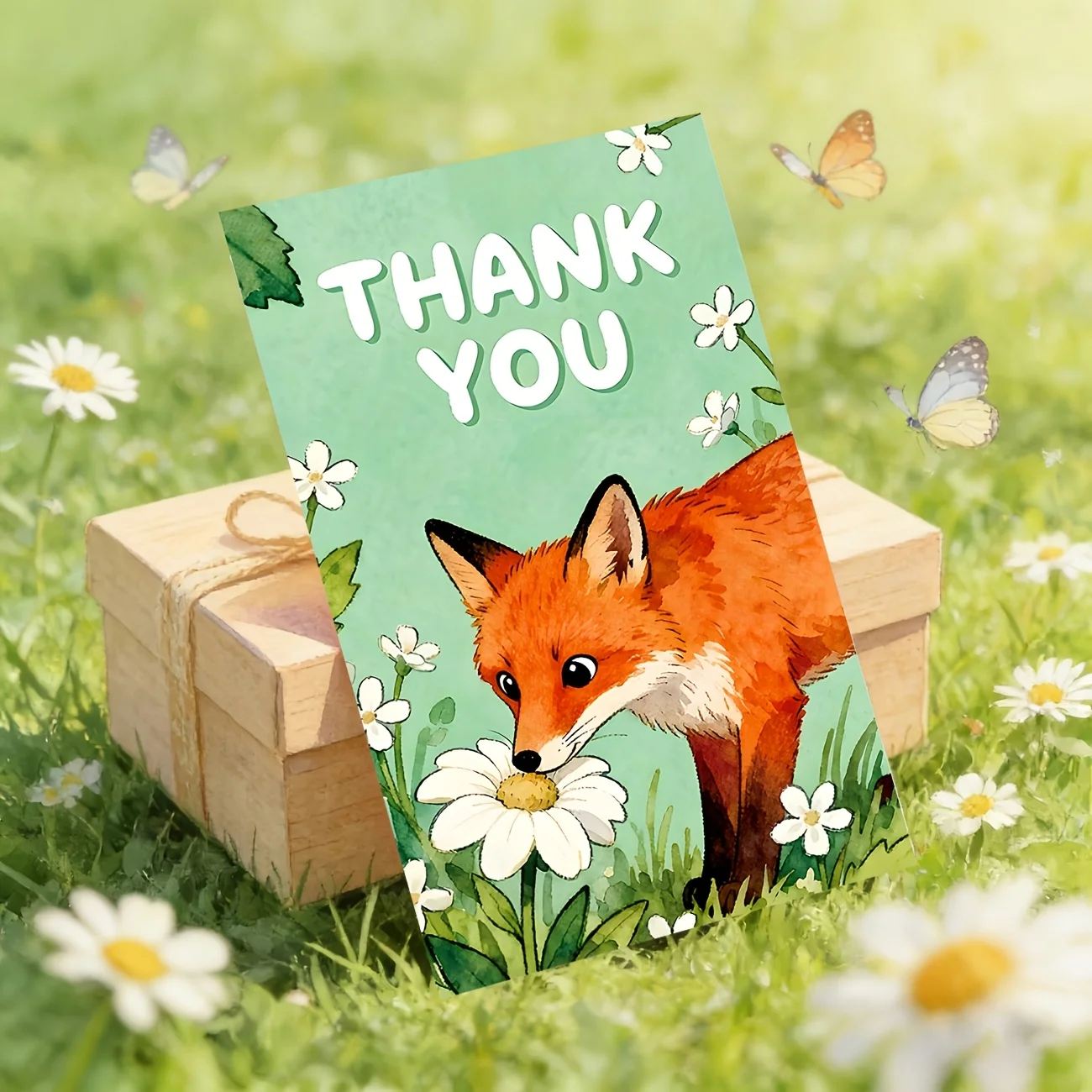 50PCS Cute Fox Thank-you Cards, Designed with Fox Sniffing Daisy Illustrations, Suitable for Gift Packaging and Thank-you Notes