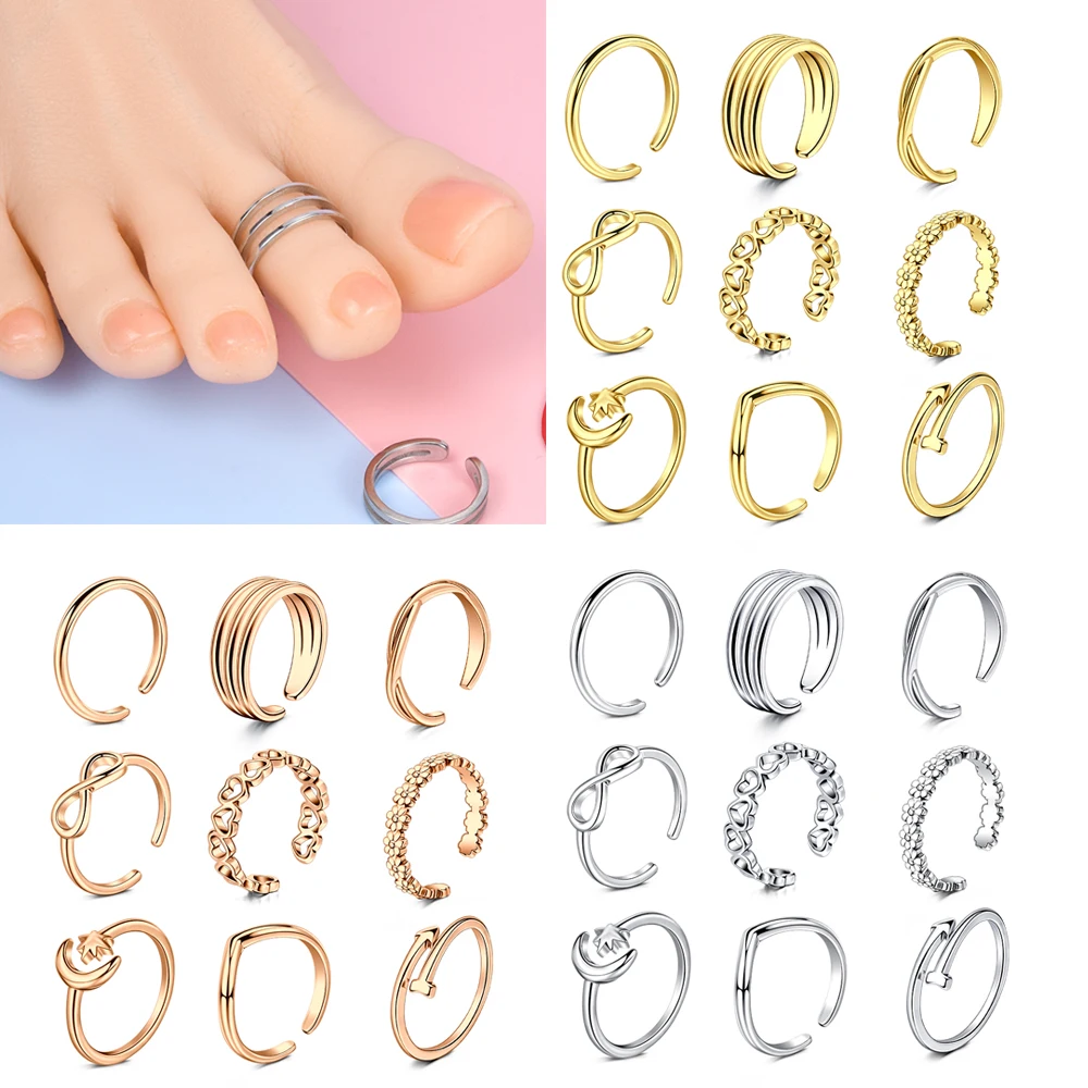 9pcs anelli per dita regolabili Set di punta aperta da spiaggia semplice per le donne ragazze Cute Heart Feather Summer Toe Rings gioielli per piedi