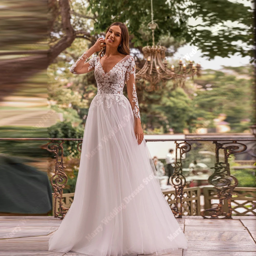

Exquisite A-Line Lace Sleeves Women's Wedding Dresses Modern V-Neck Lace Appliques Bridal Gowns Ball Vestido De Novia Customized